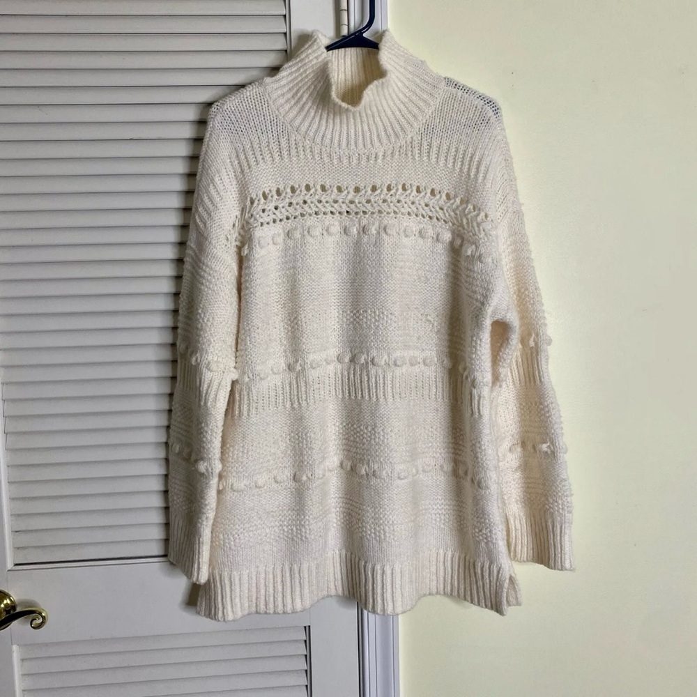Lou & Grey Chunky Mock Neck Knit Sweater Cream Ivory Women Sz Large Pom Pom